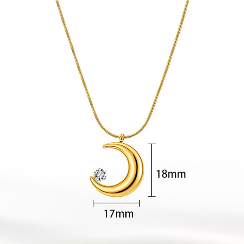 Gold Stainless Steel Crescent Moon Necklace, Polished Hollow Moon Charm with Single Round Clear CZ, Sleek Snake Chain