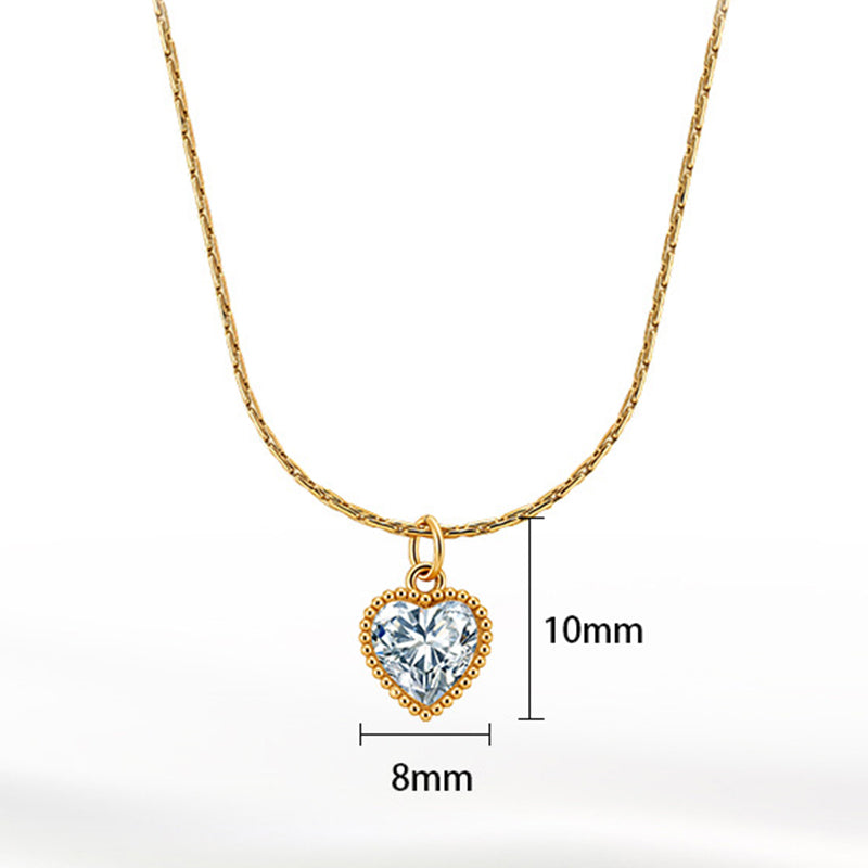 Gold Stainless Steel Bezel Heart CZ Necklace, Heart Shape Cubic Zirconia Surrounded by Tiny Beaded Frame, Thin Rectangle Link Chain
