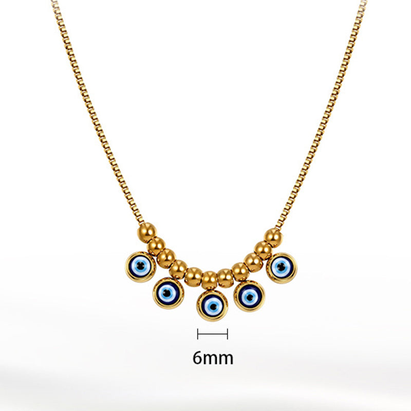 Gold Stainless Steel Evil Eye Beaded Necklace, Blue Enamel Evil Eye Charms with Gold Round Ball Beads, Box Chain