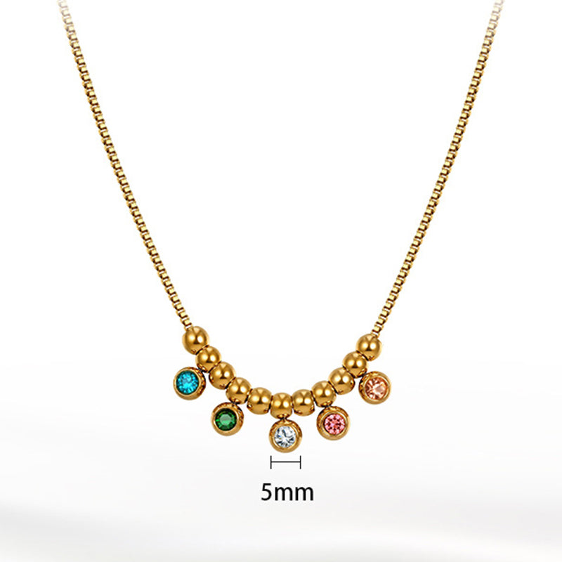 Gold Stainless Steel Beaded Gemstone Station Necklace, Round Metal Ball Beads With Multi Color Inlaid CZ Stones Box Chain