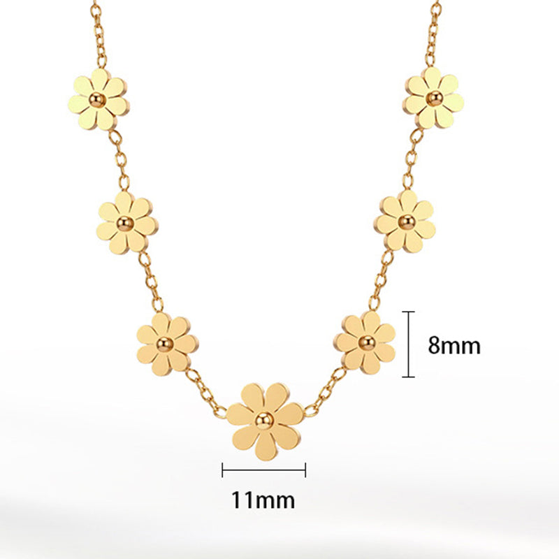 Gold Stainless Steel Daisy Station Necklace, Seven Daisy Flower Charms with Round Bead Center, Dainty Rolo Chain