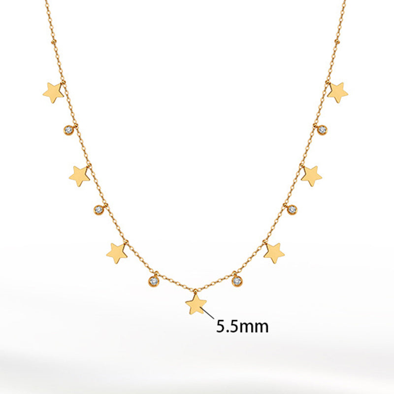 Gold Stainless Steel Star Drop Necklace, Multiple Solid Star Charms & Bezel Set Clear CZ Dangling on Thin Rolo Chain