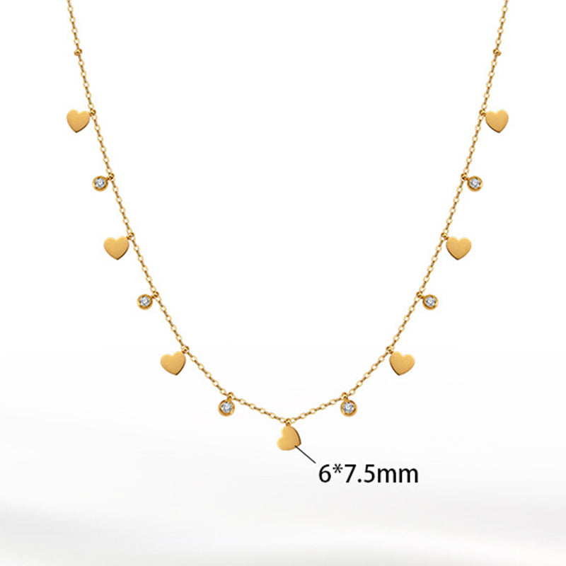 Gold Stainless Steel Heart Station Necklace, Dainty Solid Heart Charms with Tiny Bezel CZ Drops, Delicate Rolo Chain