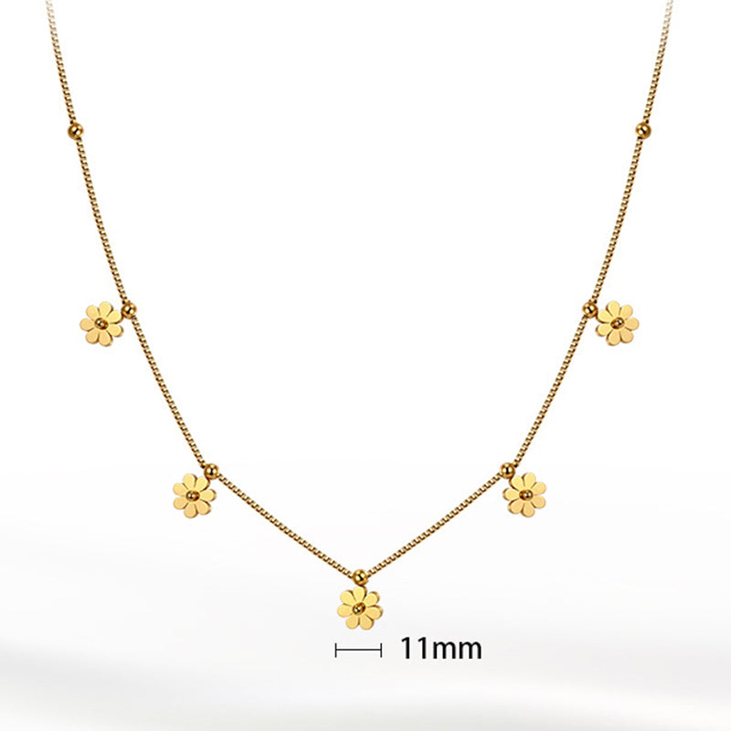 Gold Stainless Steel Flower Satellite Necklace, Multi Daisy Floral Charm & Tiny Bead Box Chain Choker