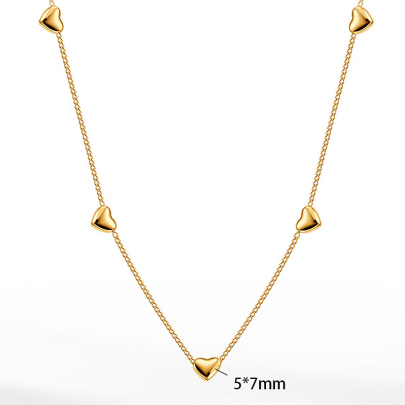 Gold Stainless Steel Multi Station Heart Necklace, Five Small Polished 3D Heart Charms Along Dainty Rolo Chain