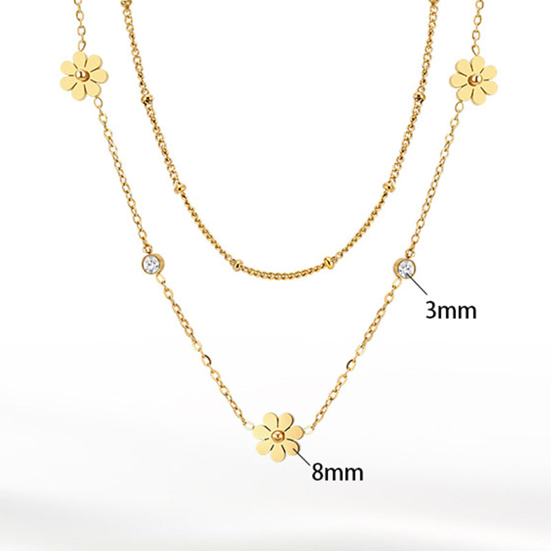 Gold Stainless Steel Double Layer Daisy Necklace, Two-Tier Stacked Chain with Daisy Flower Charms and 3mm Round CZ Accents