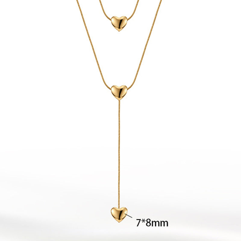 Gold Stainless Steel Multi Layer Y Shape Heart Lariat Necklace, Three Polished Solid Heart Pendants, Slim Snake Chain