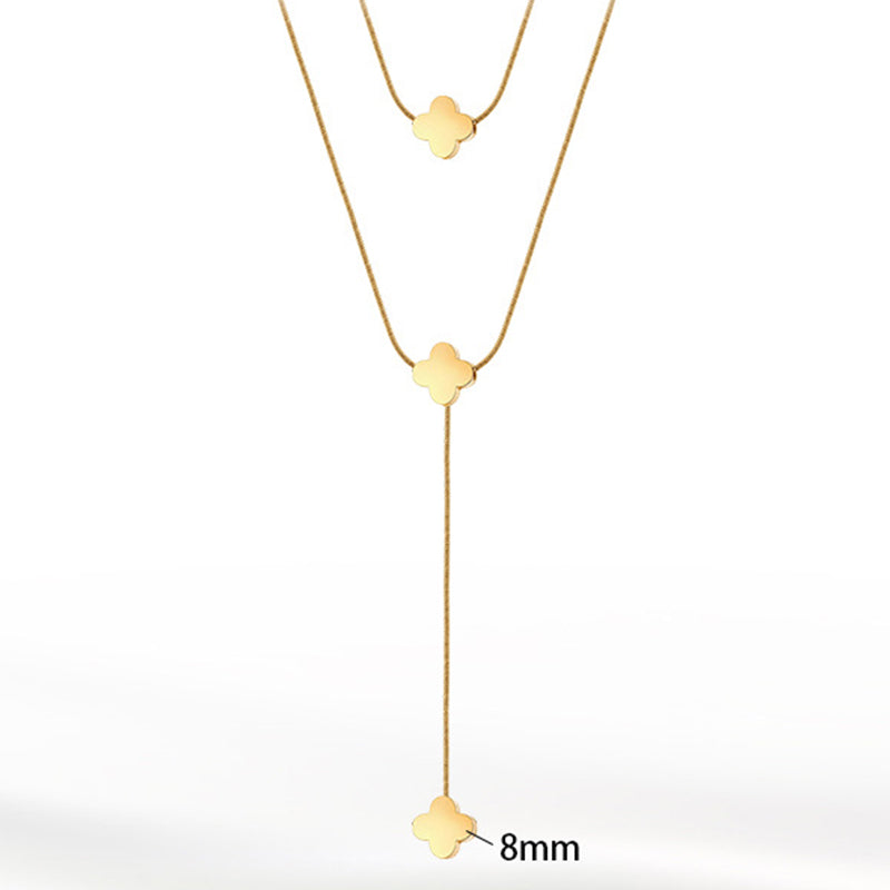 Gold Stainless Steel Multi Layer Y-Shape Clover Necklace, Triple Plain Four Leaf Clover Charms Snake Chain Lariat Style
