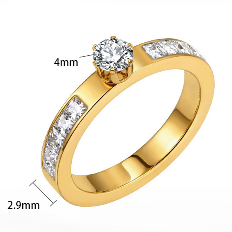 Gold Plated Stainless Steel Ring, Round CZ Solitaire with Baguette Side Stones Band
