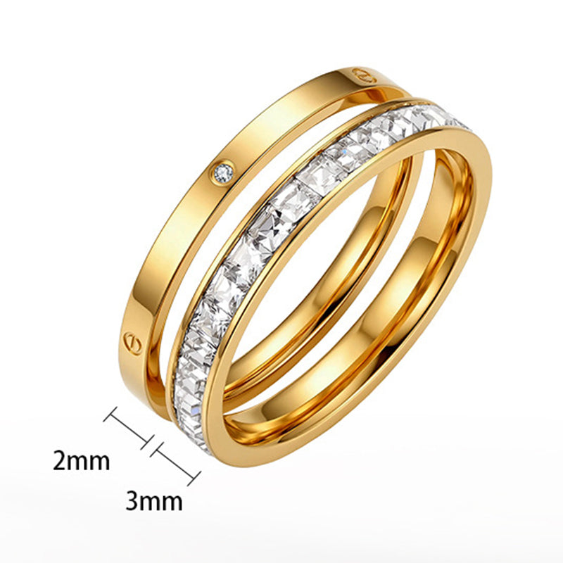 Gold Plated Stainless Steel Stackable Ring Set, Screw Detail Band and Baguette CZ Eternity Ring