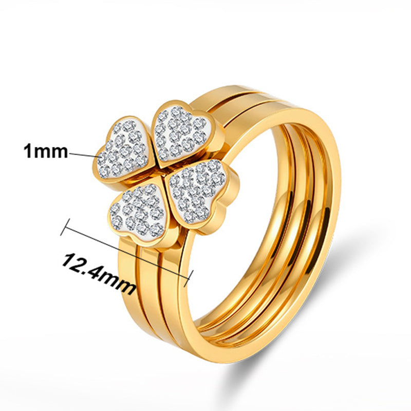 Gold Plated Stainless Steel 4 Heart Clover Convertible Stacking Ring Set, Pave CZ