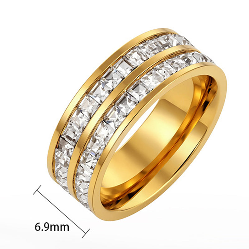 Gold Plated Stainless Steel Wide Band Ring, Double Row Baguette Cut CZ Stones