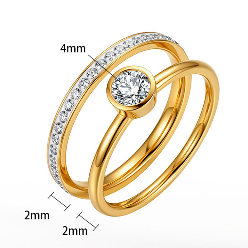 Gold Plated Stainless Steel Stacking Ring Set, Bezel Set Round CZ and Tiny CZ Eternity Band