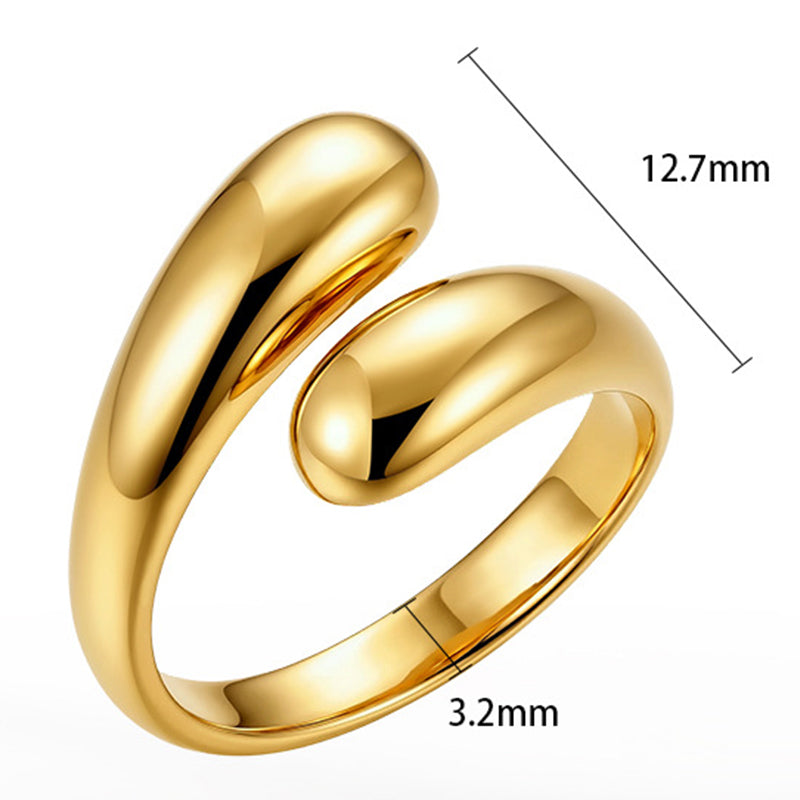 Gold Plated Stainless Steel Open Cuff Ring, Chunky Polished Teardrop Shaped Ends
