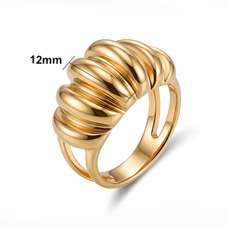 Gold Plated Stainless Steel Statement Ring, Chunky Ribbed Shell Texture Open Band
