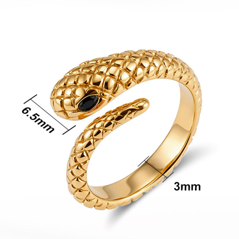 Gold Plated Stainless Steel Open Snake Ring, Scale Pattern with Black CZ Eyes