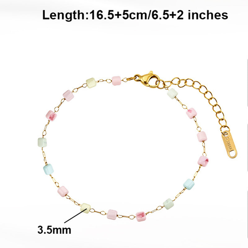 Gold Plated Stainless Steel Dainty Colorful Cube Bead Bracelet, Pastel Candy Square Beads Station Chain, Adjustable Extension