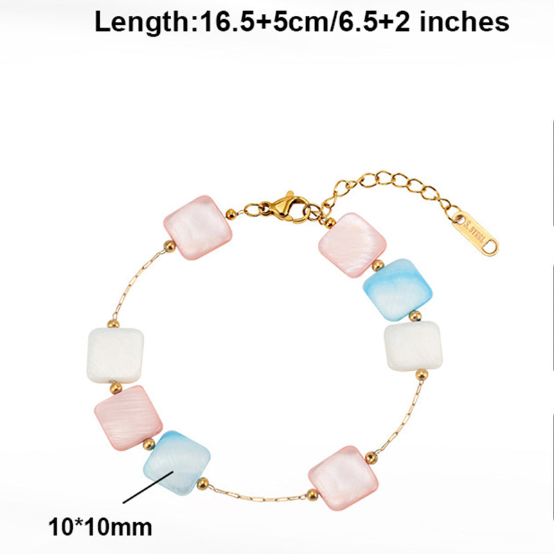 Gold Plated Stainless Steel Bracelet, Multicolor Square Shell Bead Station Chain, Adjustable Extension Clasp