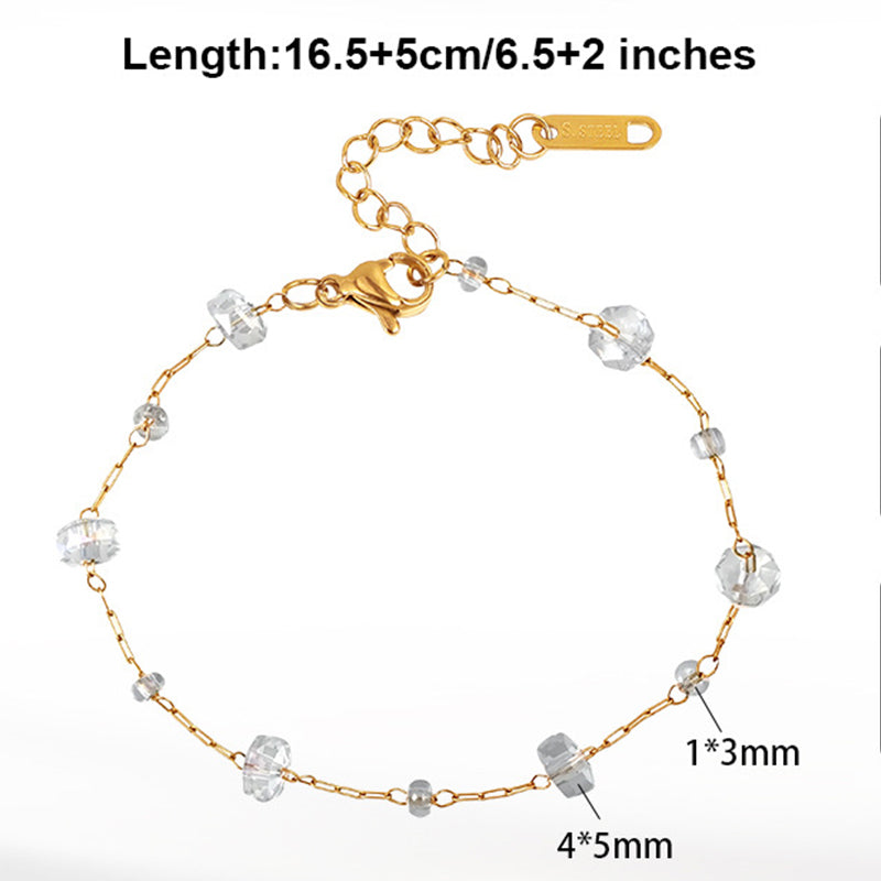 Gold Plated Stainless Steel Dainty Bracelet, Clear Faceted Crystal Beads Thin Paperclip Chain, Adjustable Extension