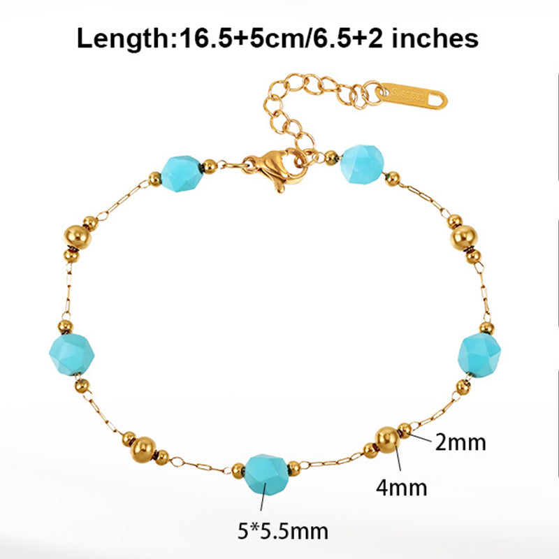 Gold Plated Stainless Steel Bracelet, Turquoise Faceted Beads & Gold Ball Bead Station Chain, Adjustable Extension