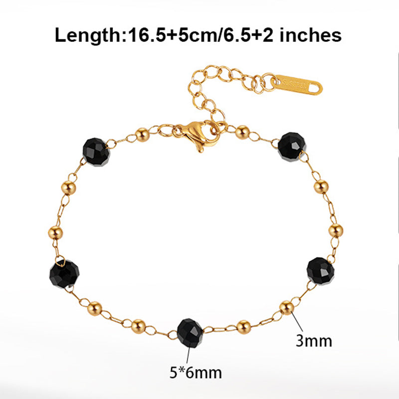 Gold Plated Stainless Steel Bracelet, Black Faceted Onyx Beads with Gold Spacer Balls, Adjustable Extension Chain