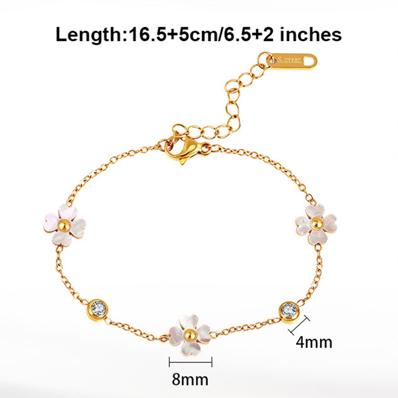 Gold Plated Stainless Steel Floral Bracelet, White Shell Flower Charms with CZ Accent Stones, Dainty Thin Chain, Adjustable