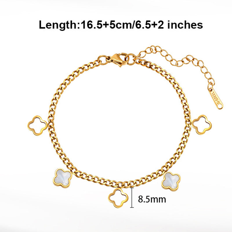 Gold Plated Stainless Steel Curb Chain Bracelet, Hollow Clover Charms with White Mother of Pearl Inlay