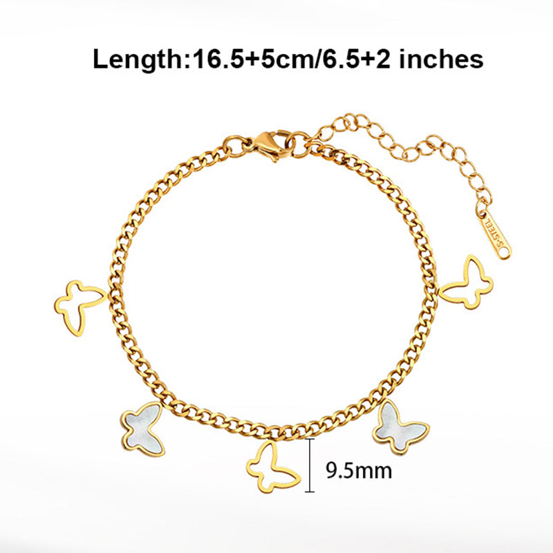 Gold Plated Stainless Steel Curb Chain Butterfly Bracelet, Hollow Outline Butterflies & Mother of Pearl Inlaid Butterfly Charms