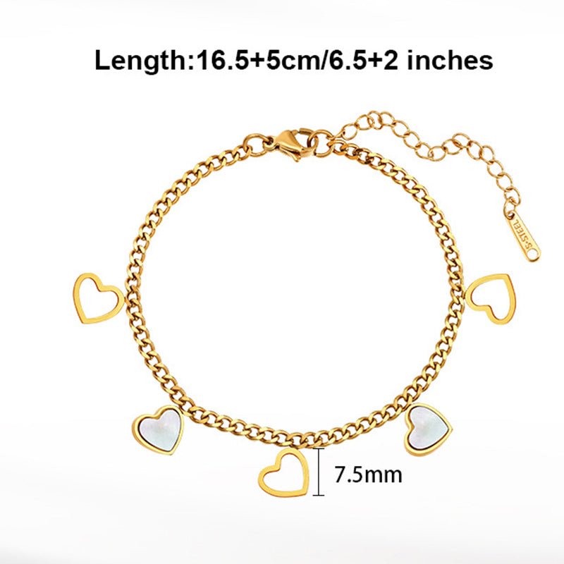 Gold Plated Stainless Steel Curb Chain Heart Bracelet, Hollow Outline Hearts & White Mother of Pearl Inlaid Heart Charms