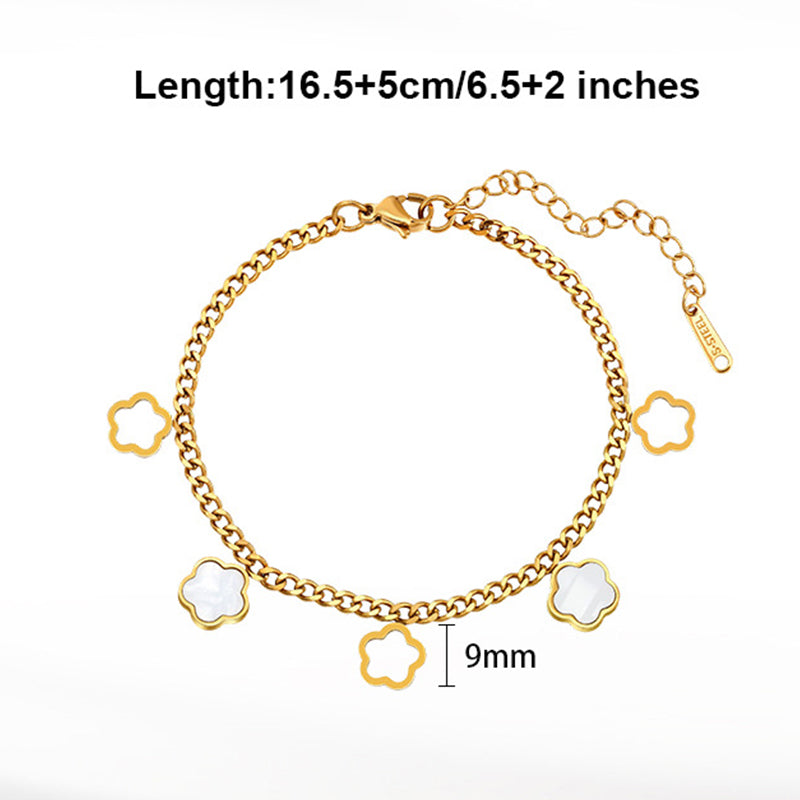 Gold Plated Stainless Steel Curb Chain Bracelet, Hollow Four Leaf Clover Charms with White Mother of Pearl Inlay, Adjustable Extension Chain
