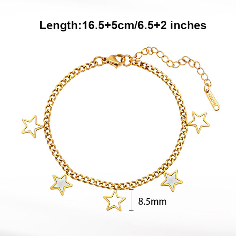 Gold Plated Stainless Steel Curb Chain Star Bracelet, Hollow Star Outlines & White Mother of Pearl Inlaid Star Pendants