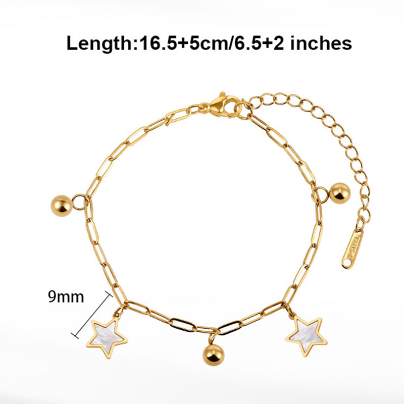 Gold Plated Stainless Steel Paperclip Chain Bracelet, 2 Mother of Pearl Star Charms & Round Metal Ball Beads, Adjustable