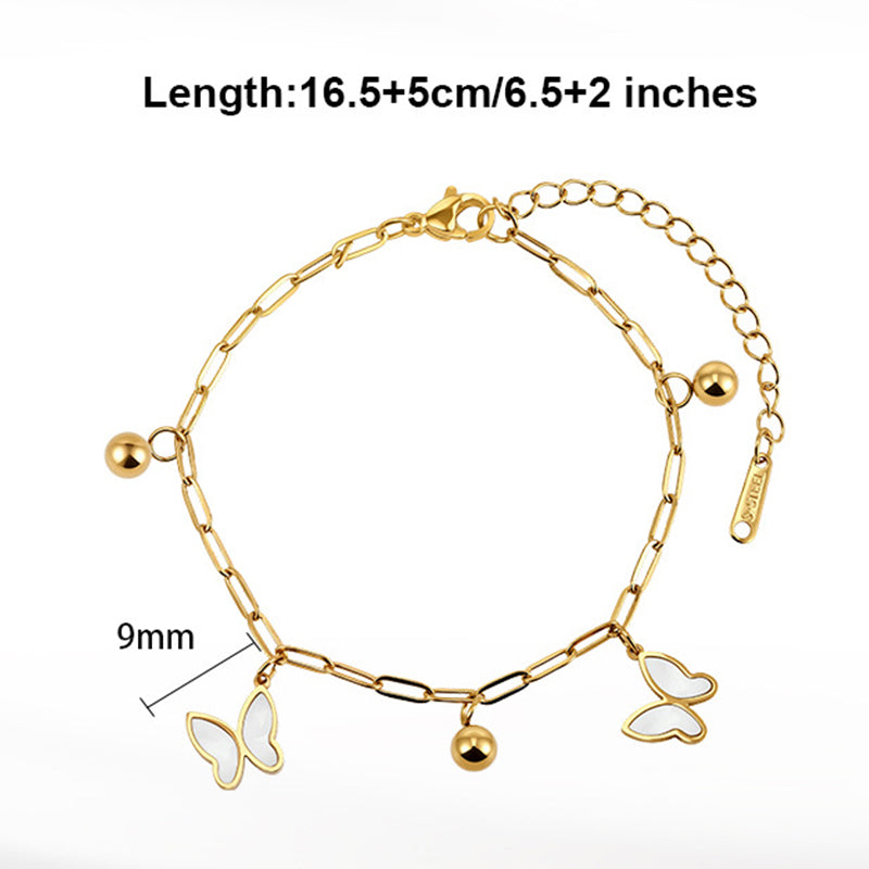 Silver Stainless Steel Paperclip Chain Butterfly Bracelet, 2 Mother of Pearl Butterfly Charms & Polished Round Ball Beads