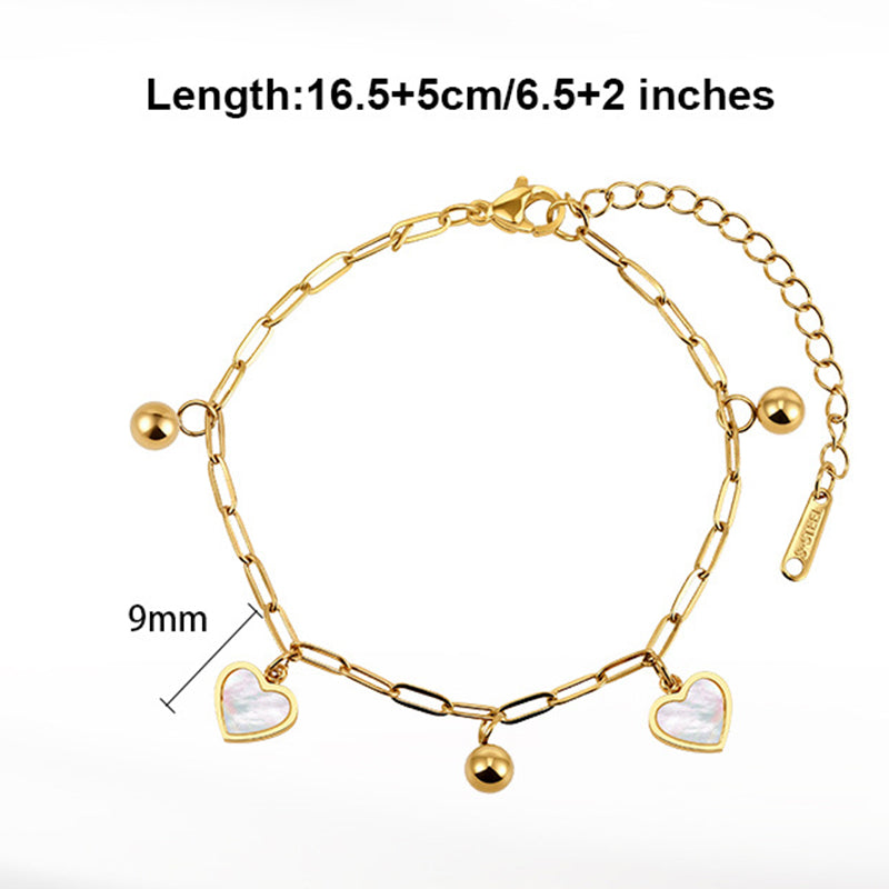 Gold Plated Stainless Steel Paperclip Chain Heart Bracelet, 2 White Mother of Pearl Heart Charms & Shiny Round Metal Beads