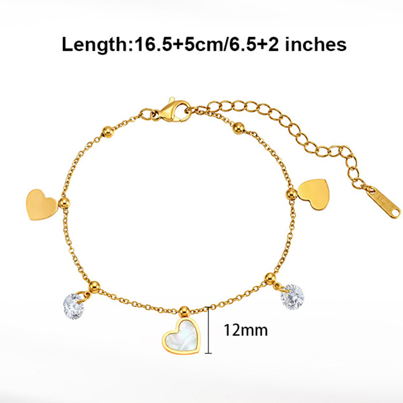 Gold Plated Stainless Steel Dainty Cable Chain Bracelet, Mix Heart Charms with Round CZ Stones & Spacer Beads, Adjustable Extension