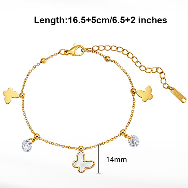 Gold Plated Stainless Steel Dainty Cable Chain Butterfly Bracelet, Mix Butterfly Charms with Round CZ Crystals & Metal Spacer Beads