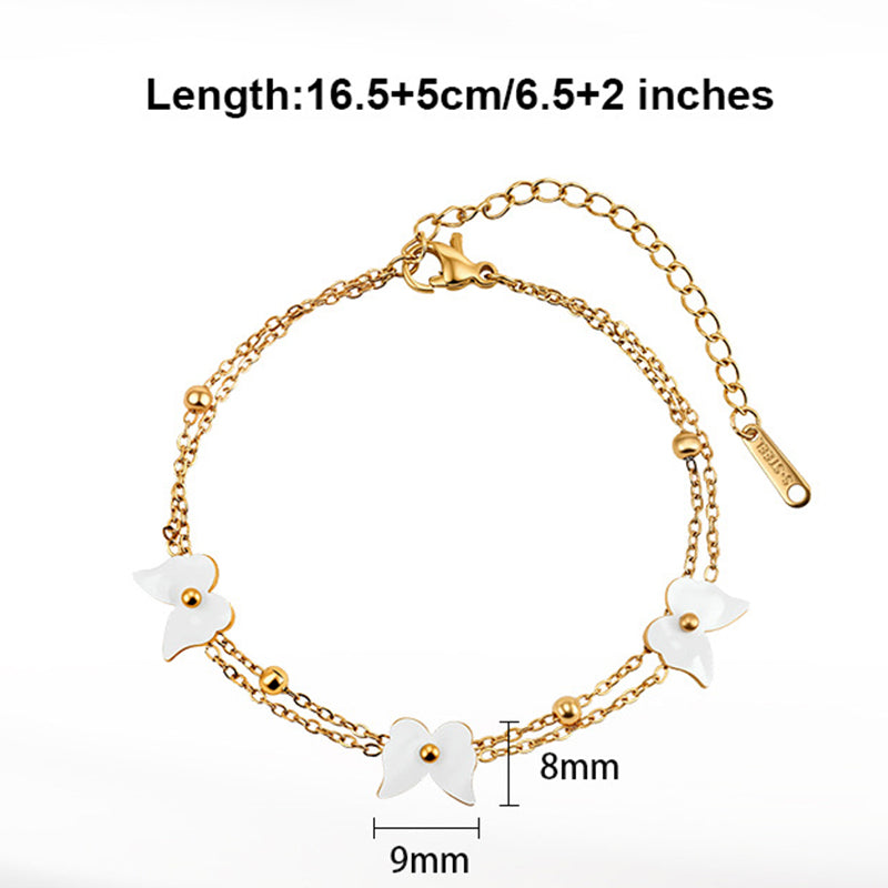 Silver Stainless Steel Double Layer Cable Chain Bracelet, 3 Matte White Butterfly Charms & Round Spacer Beads, Stackable