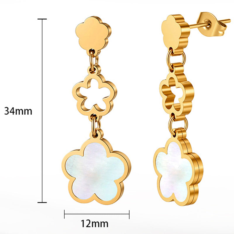 Silver Stainless Steel Triple Clover Drop Earrings With Natural Mother Of Pearl Inlay