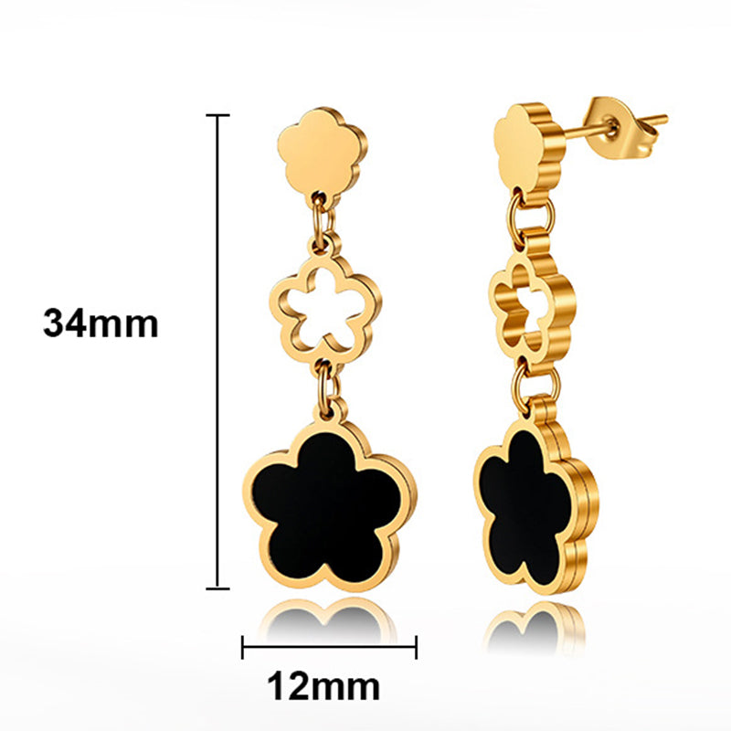 Gold Plated Stainless Steel Triple Clover Drop Earrings with Black Enamel Inlay