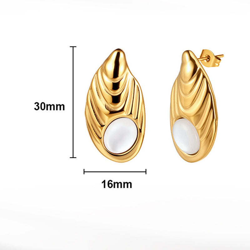 Gold Plated Stainless Steel Teardrop Textured Stud Earrings With White Round Cabochon Inlay