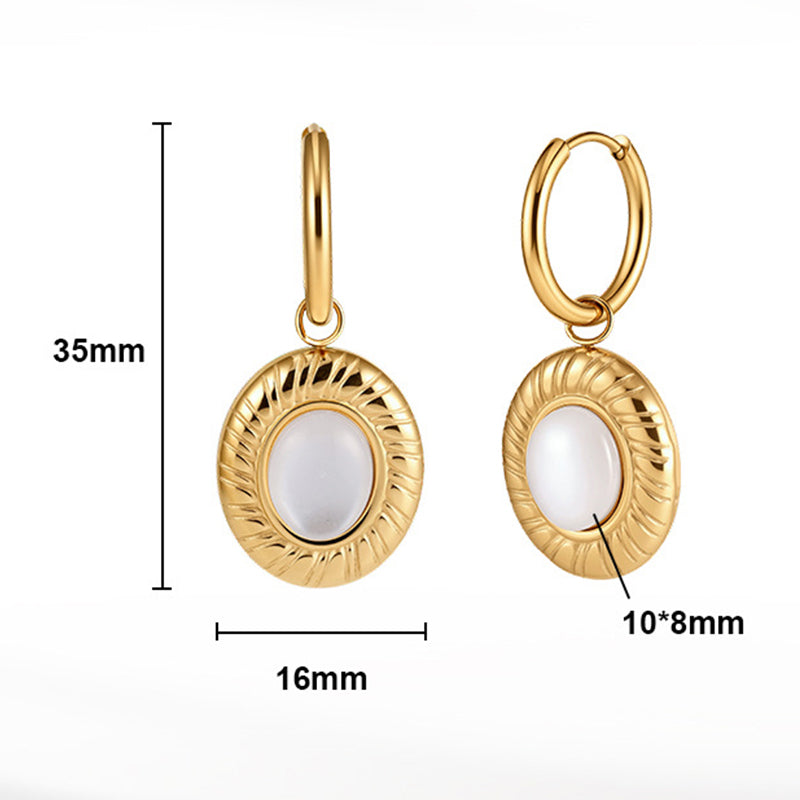 Silver Stainless Steel Sunburst Oval White Cabochon Charm Huggie Drop Earrings