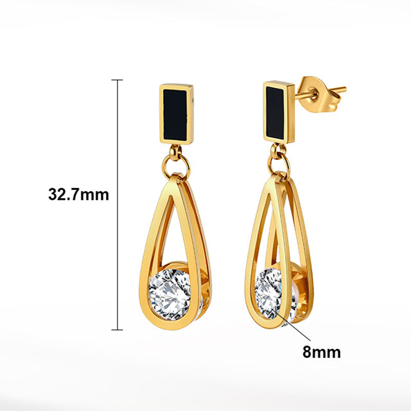 Gold Plated Stainless Steel Black Enamel Teardrop Hollow Frame CZ Dangle Earrings