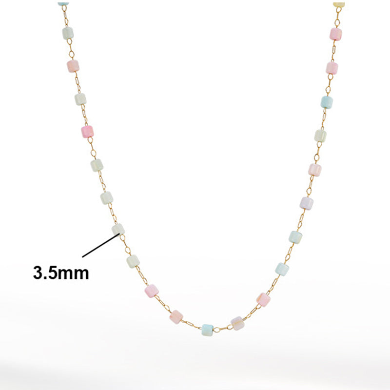 Gold Stainless Steel Dainty Chain Necklace, Multicolor Pastel Cube Beads Station Necklace