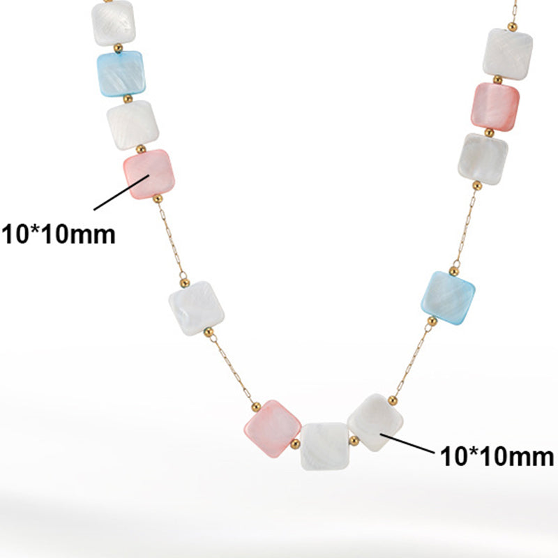 Gold Stainless Steel Square Shell Beaded Necklace, Multicolor Pink Blue White Mother of Pearl Square Beads, Rolo Link Chain