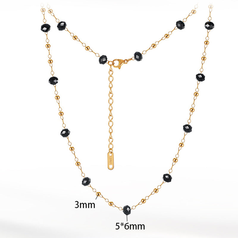 Gold Stainless Steel Double Strand Beaded Necklace, Faceted Black Crystal & Tiny Gold Ball Station Chain, Adjustable Extension