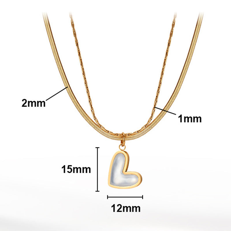Silver Stainless Steel Double Layered Heart Necklace, Herringbone & Paperclip Chain Stacked 3D Puffy Heart Pendant