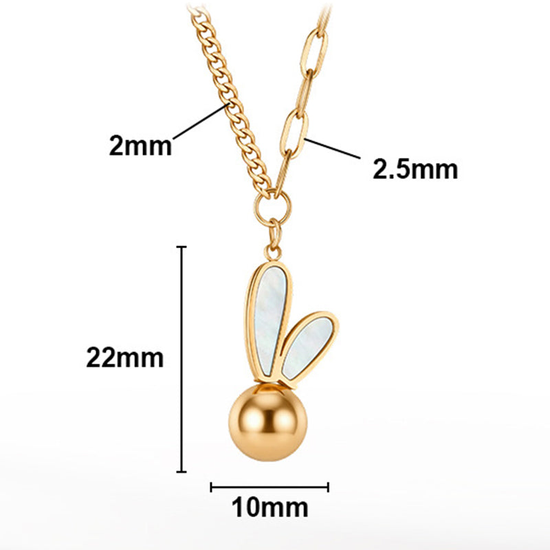 Gold Stainless Steel Bunny Ear Pendant Necklace, Shell Inlaid Rabbit Ear with Round Ball Mixed Link Chain