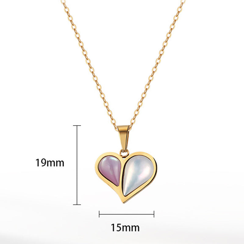 Gold Stainless Steel Rolo Chain Necklace, Split Two-Tone Pink & White Mother of Pearl Inlaid Heart Pendant