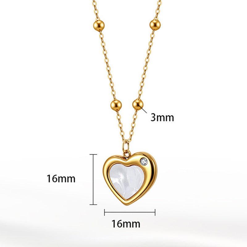 Gold Stainless Steel Heart Pendant Necklace, White Mother of Pearl Inlay Heart Charm with Single Clear CZ, Station Bead Rolo Chain