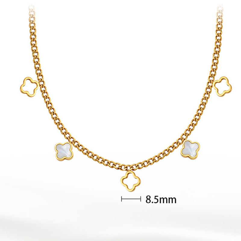 Gold Stainless Steel Clover Choker Necklace, Hollow & White Shell Inlaid Four Leaf Clover Charms, Cuban Link Chain